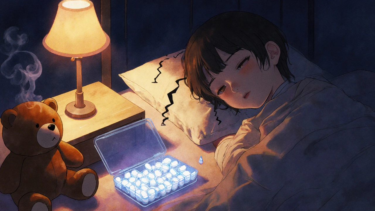 A child’s nightstand with a glowing pill organizer and fading asthma triggers in the air.