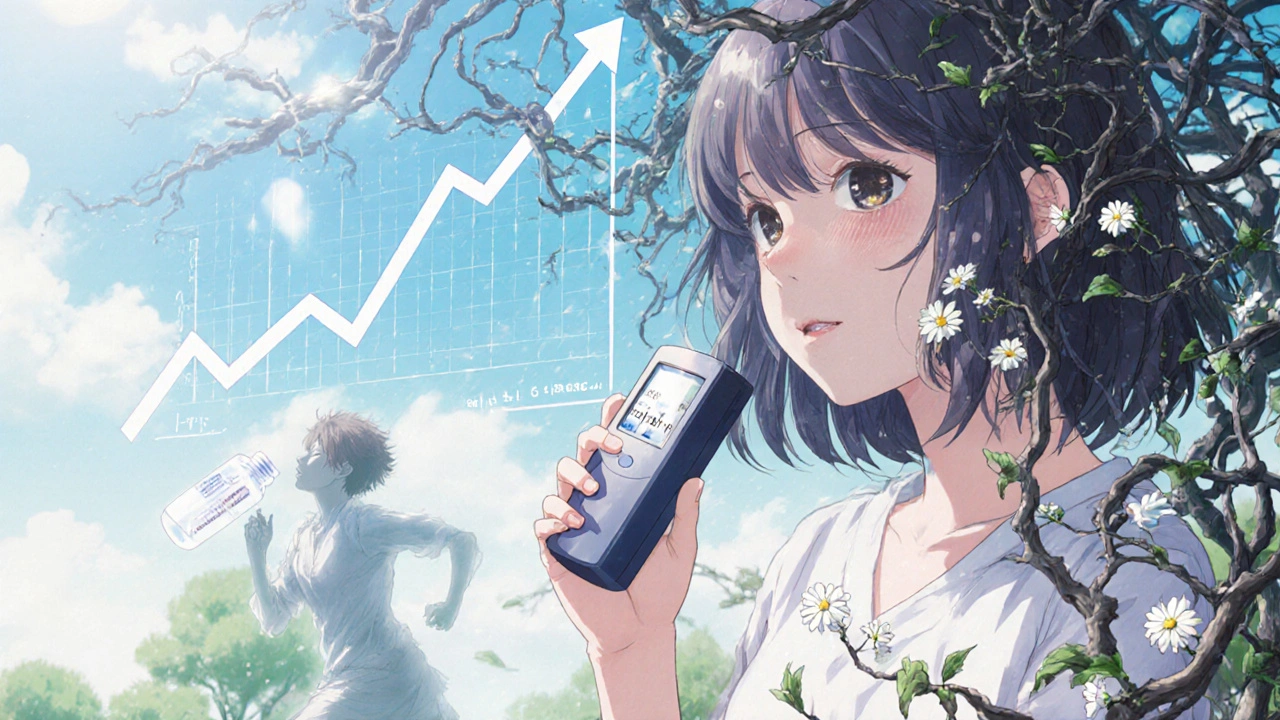 A teen with a rising peak flow graph as dark asthma vines dissolve into flowers.