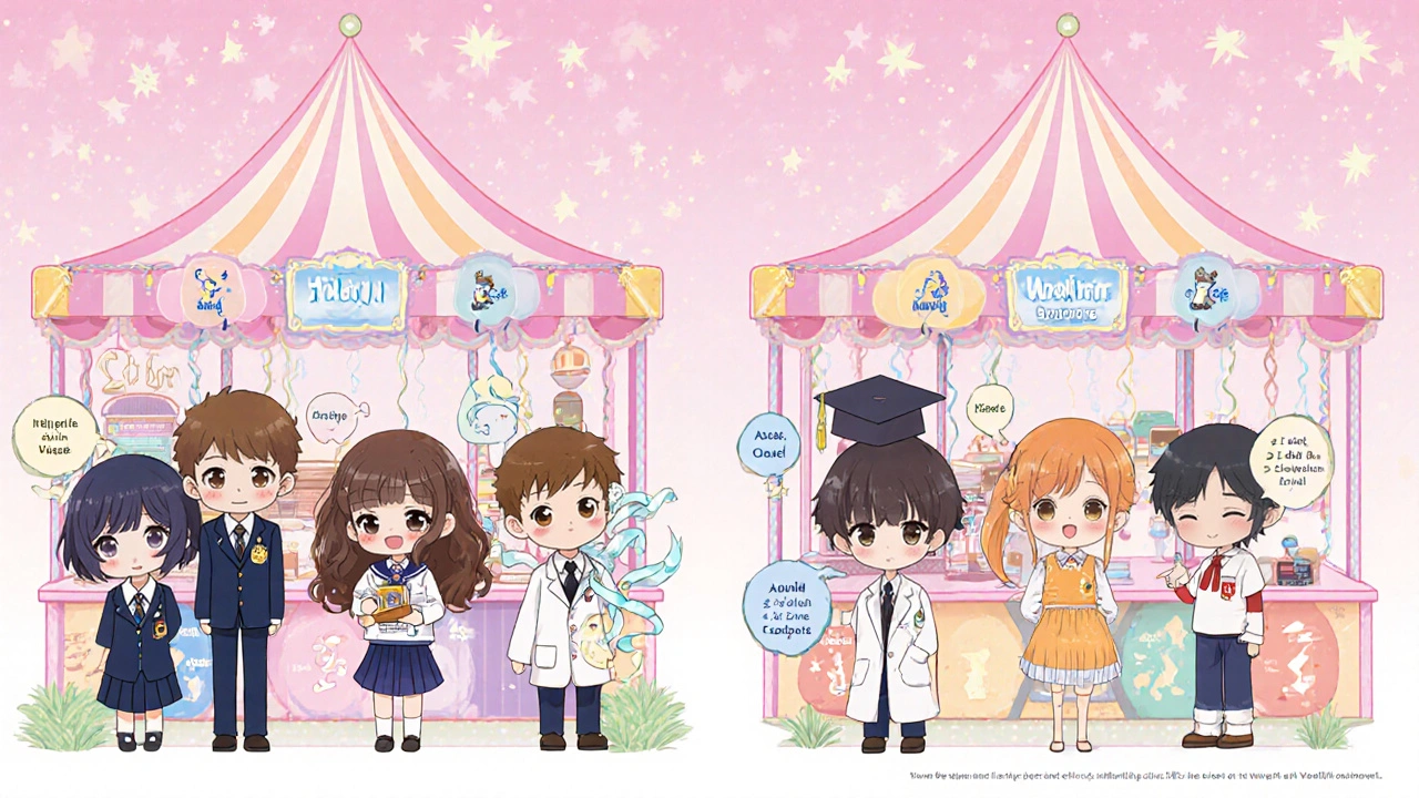 Chibi mascots representing different wakefulness drugs at a cute fair with pastel signs.