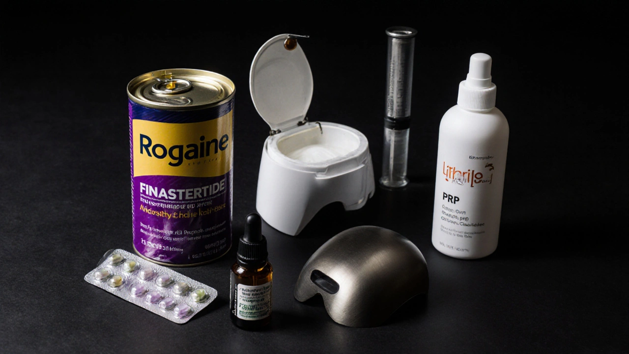 Close‑up of various hair loss treatments arranged on a dark surface.