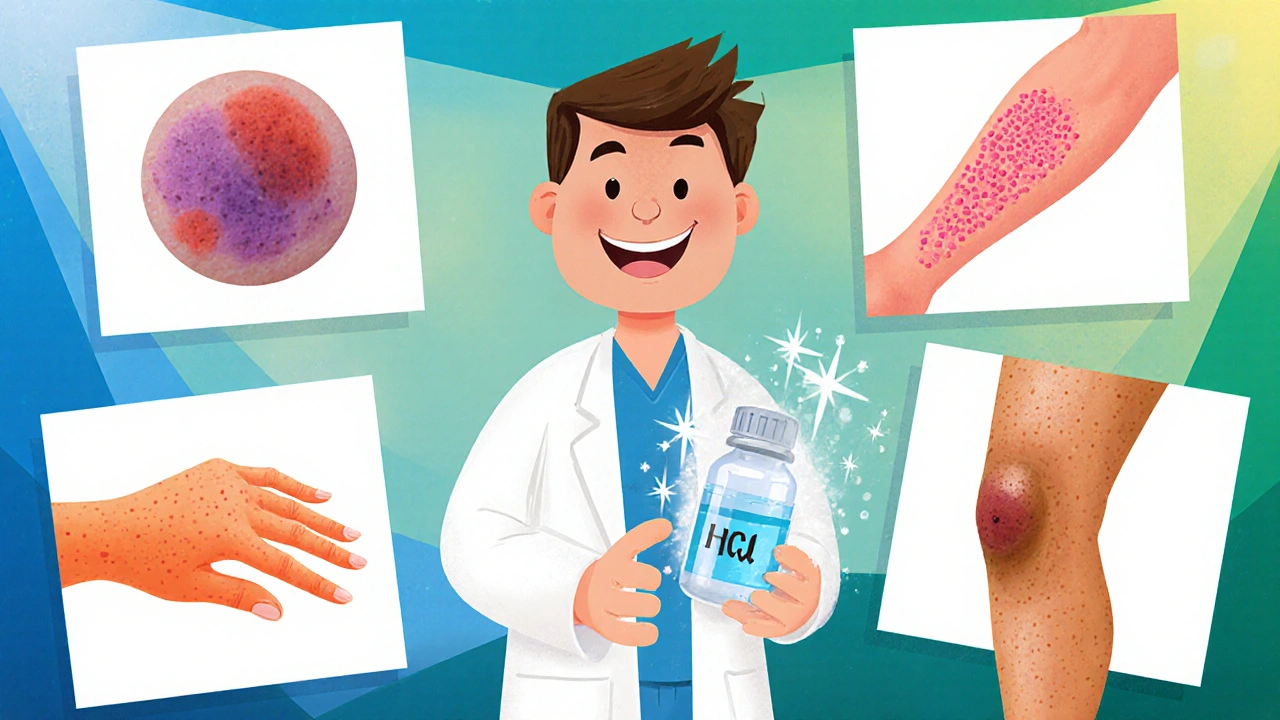 Collage of five skin conditions treated with hydroxychloroquine.