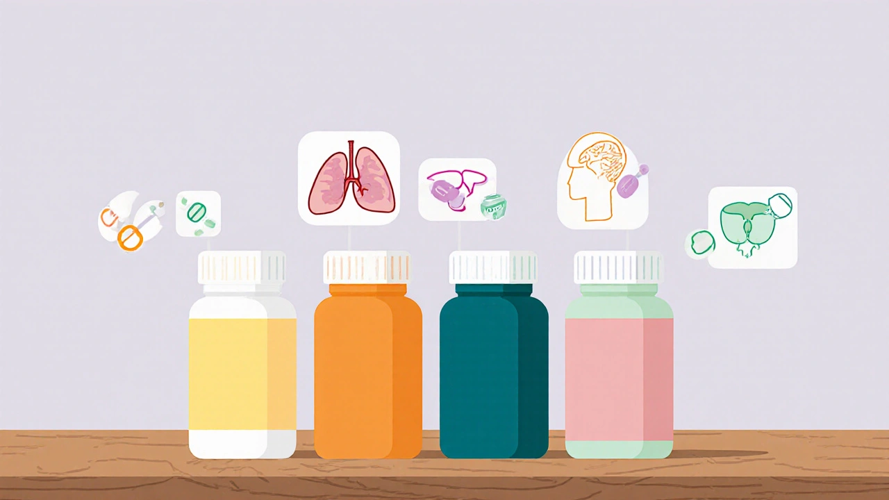 Colored pill bottles for five antibiotics with medical icons.