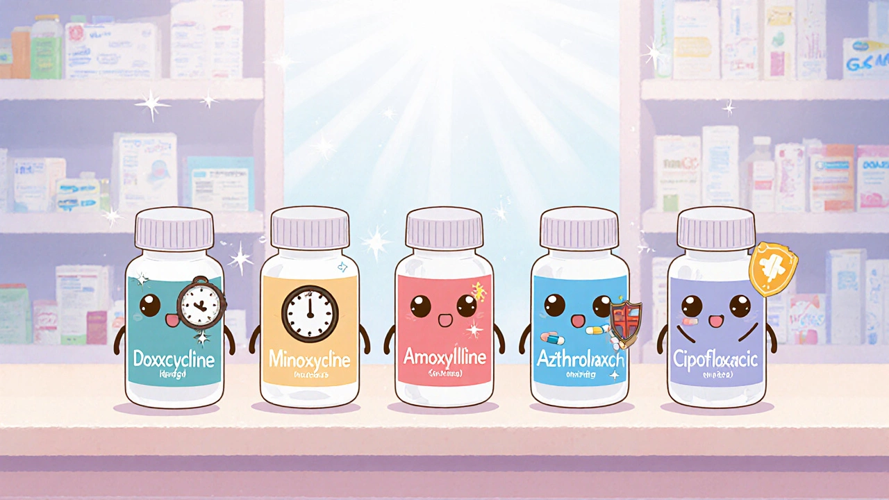 Cute pill bottle characters representing five antibiotic alternatives on a pastel shelf.