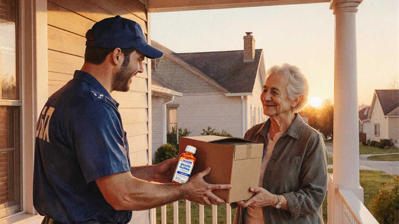 Delivery person handing a package containing acetaminophen to a home doorstep.