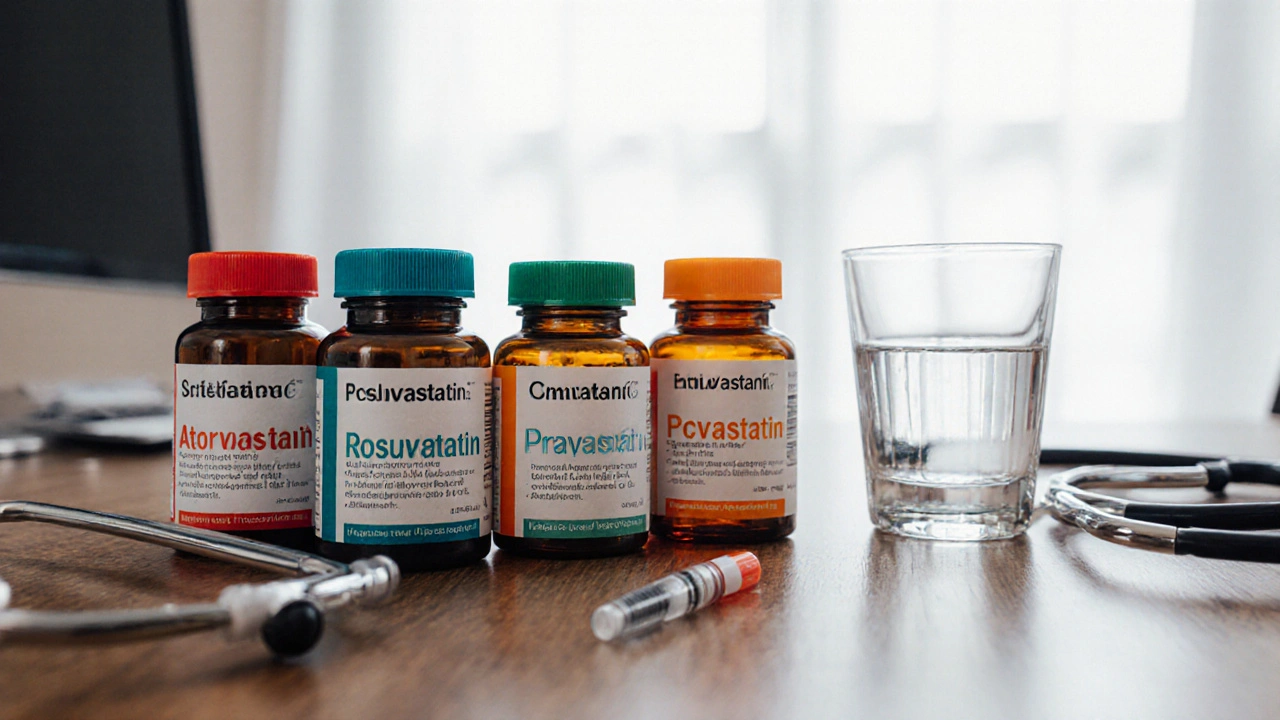 Doctor's desk showing various colored pill bottles and a glass syringe representing lipid‑lowering drugs.