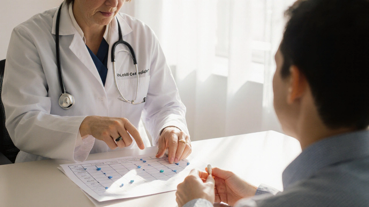 Doctor consulting a patient about a medication taper schedule.