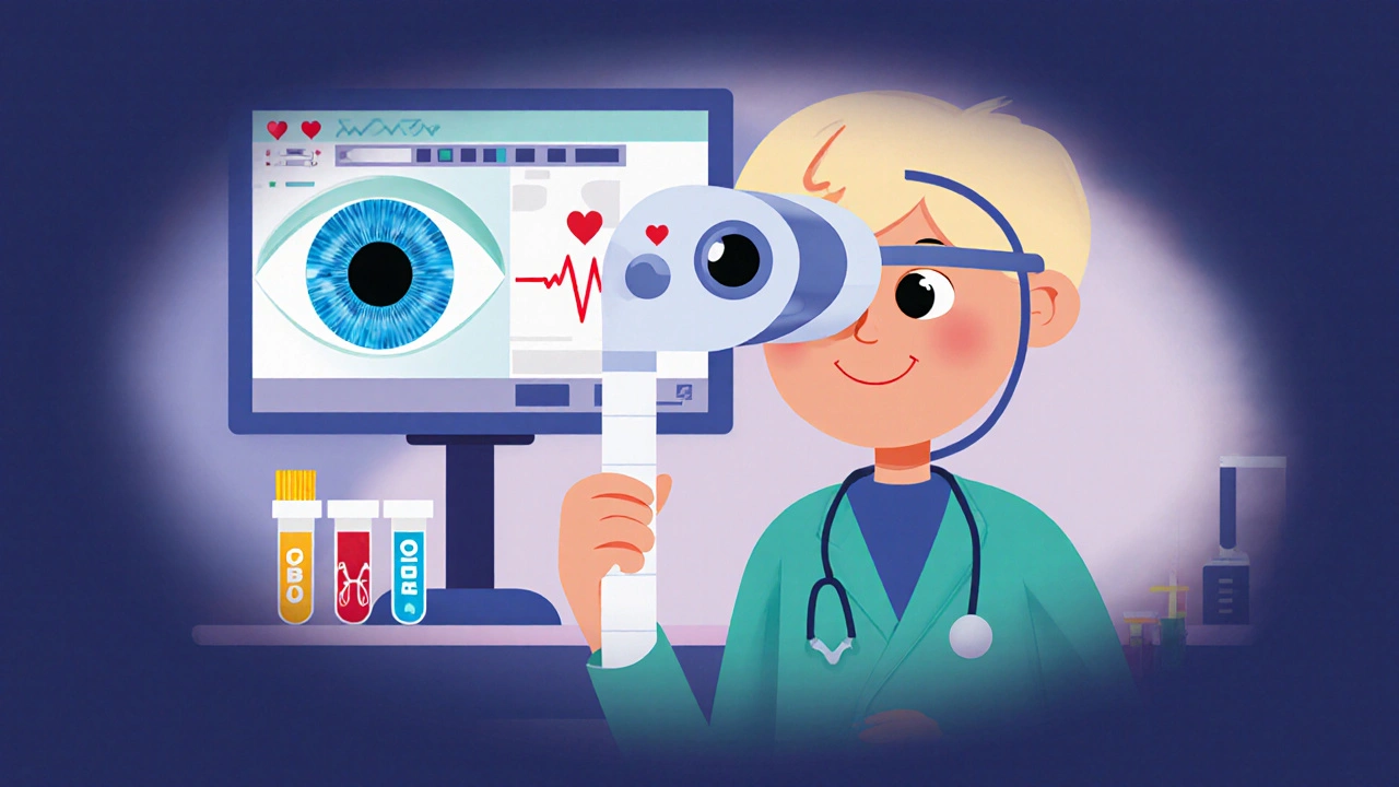 Doctor performing eye exam and showing cardiac and lab monitoring.