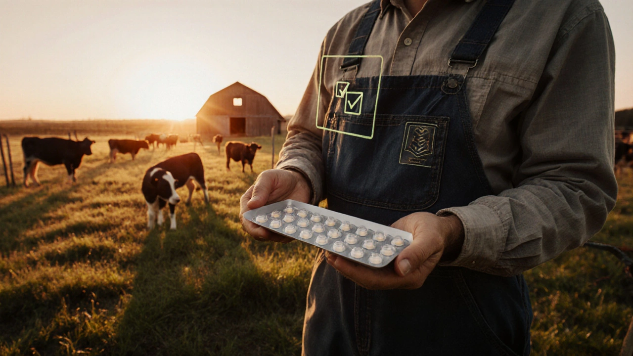 Farmer holding Terramycin capsules on a farm at sunrise.