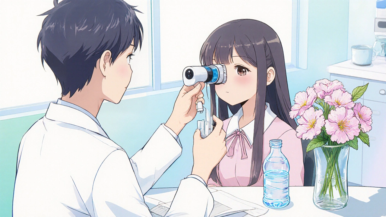 Girl at eye clinic drinks water while doctor checks intra‑ocular pressure.
