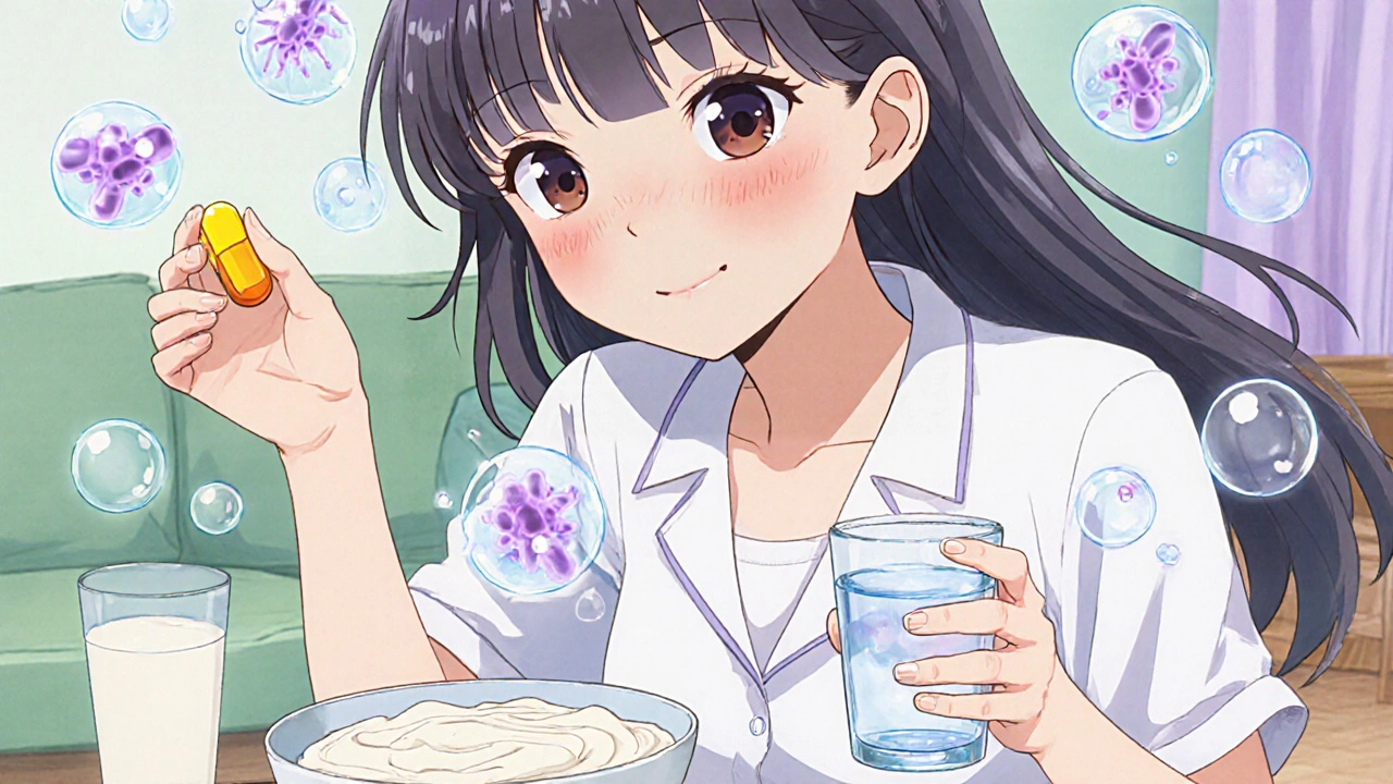 Girl holding probiotic capsule and water, surrounded by gut‑microbe bubbles.