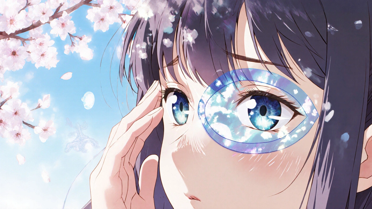 Girl rubs her eye outdoors, tear film layers illustrated around her iris.