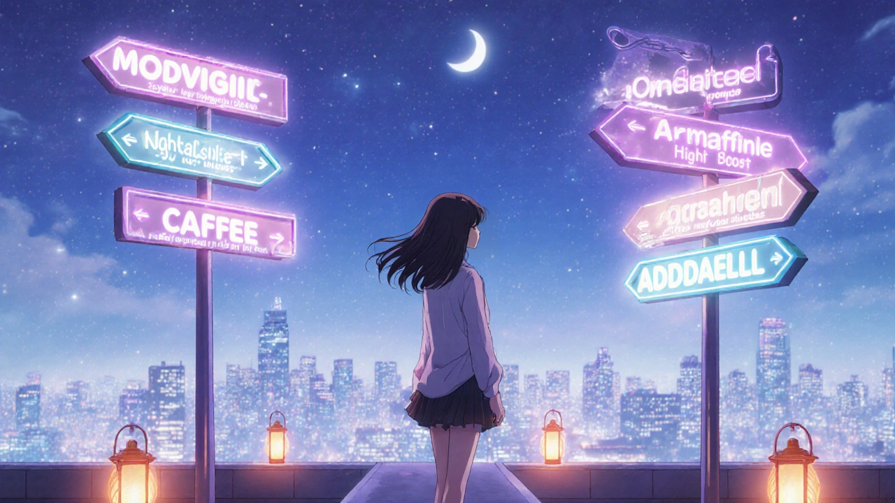 Girl standing on a rooftop at night, looking at neon signposts for various wake‑fulness aids.