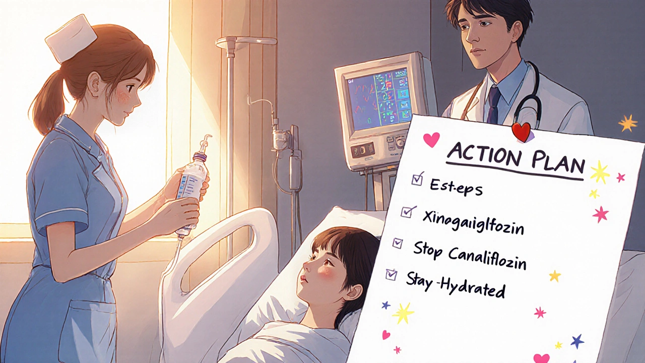 Hospital scene with woman receiving IV fluids, nurse and doctor, and an action plan checklist.