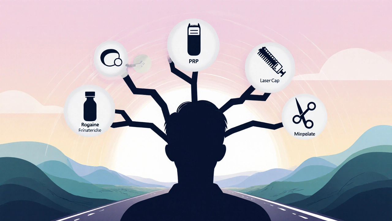Illustrated decision tree with icons for different hair loss solutions.