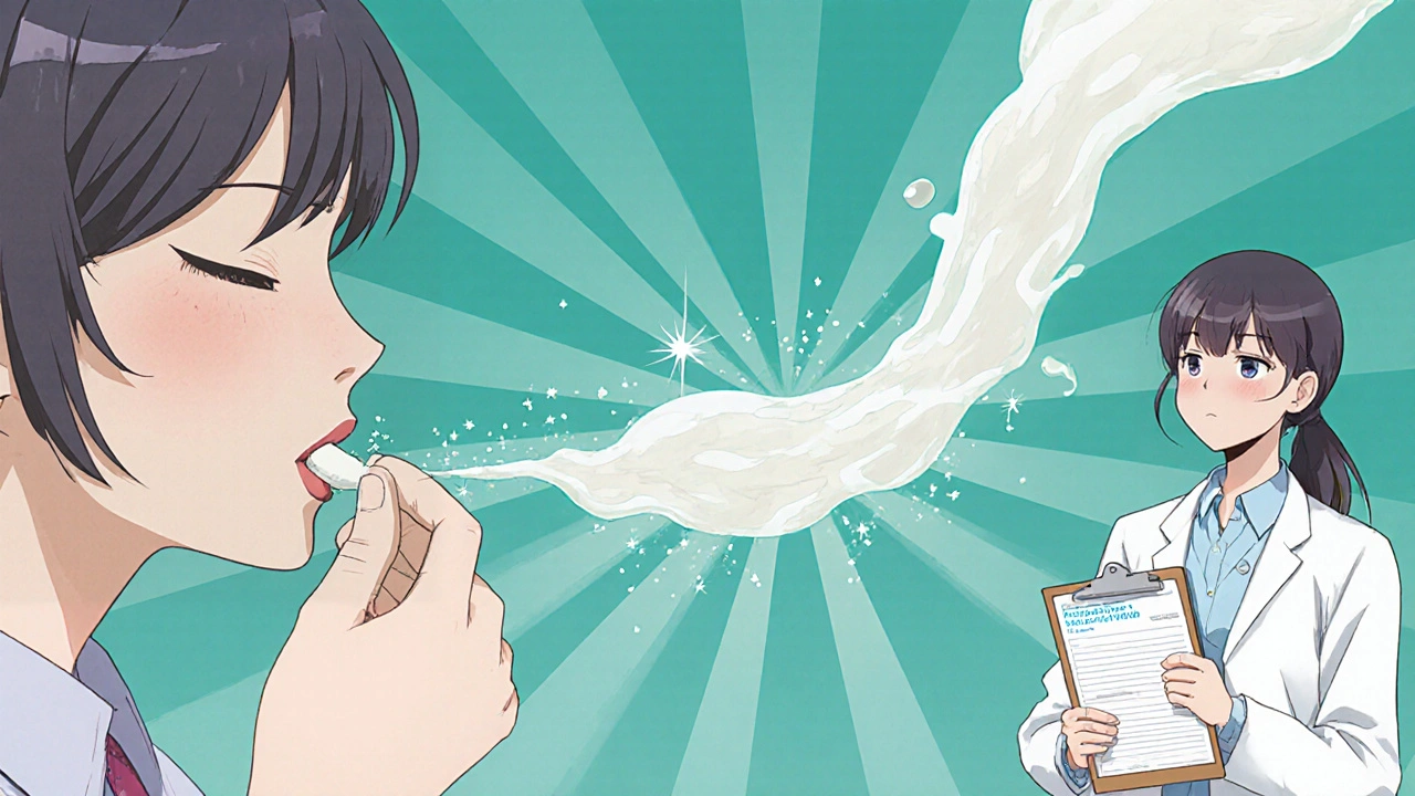 Illustration of valacyclovir traveling from mother’s mouth to breast milk with glowing particles.