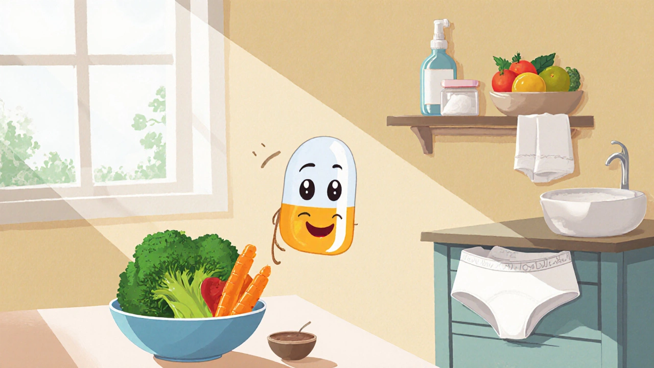Kitchen and bathroom scene with probiotics, low‑sugar foods, cotton underwear and hygiene items.
