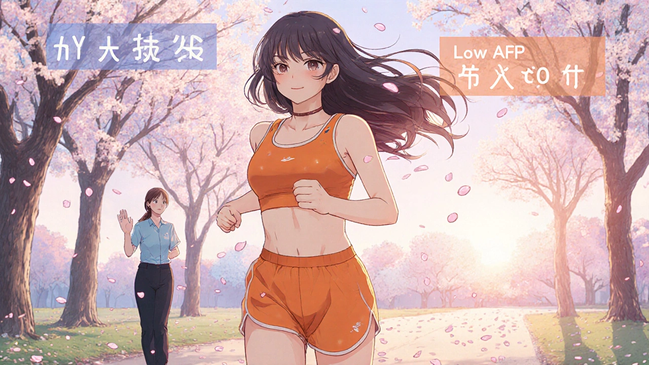 Maya runs through a park with cherry blossoms, a low AFP reading floating nearby.