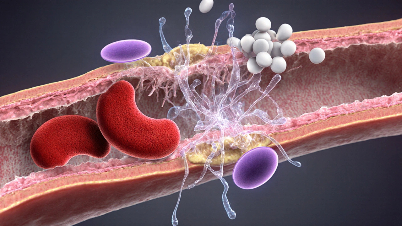 Microscopic view of sickled cells damaging vessel wall causing clot formation.