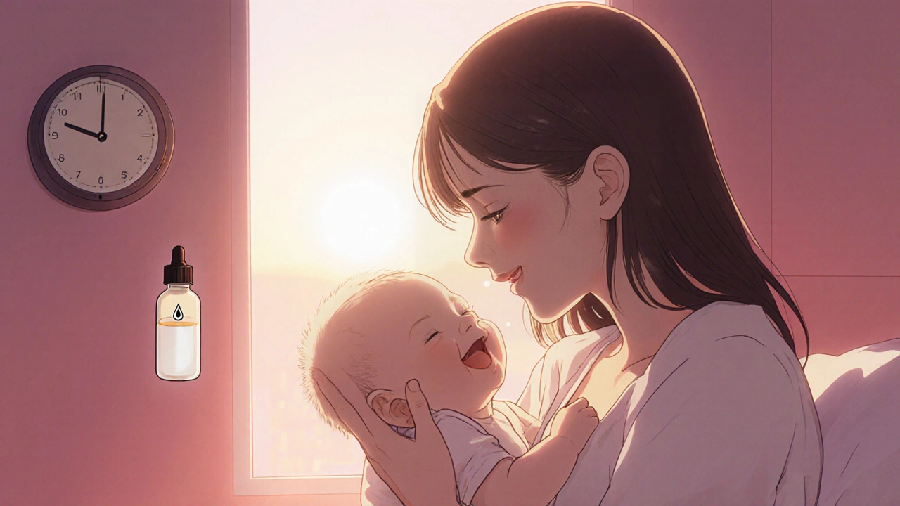 Mother breastfeeds confidently, baby smiles, clock shows post‑feeding timing.