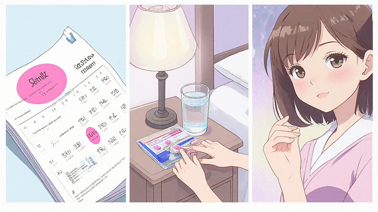 Panel sequence showing calendar, pill overlap, and backup condom method.