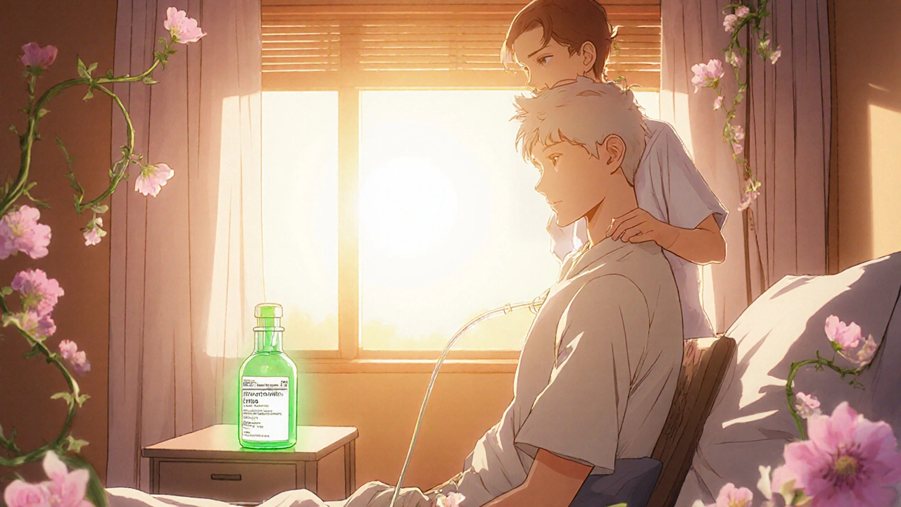 Patient after catheter removal, sunrise, hopeful mood with medication nearby.