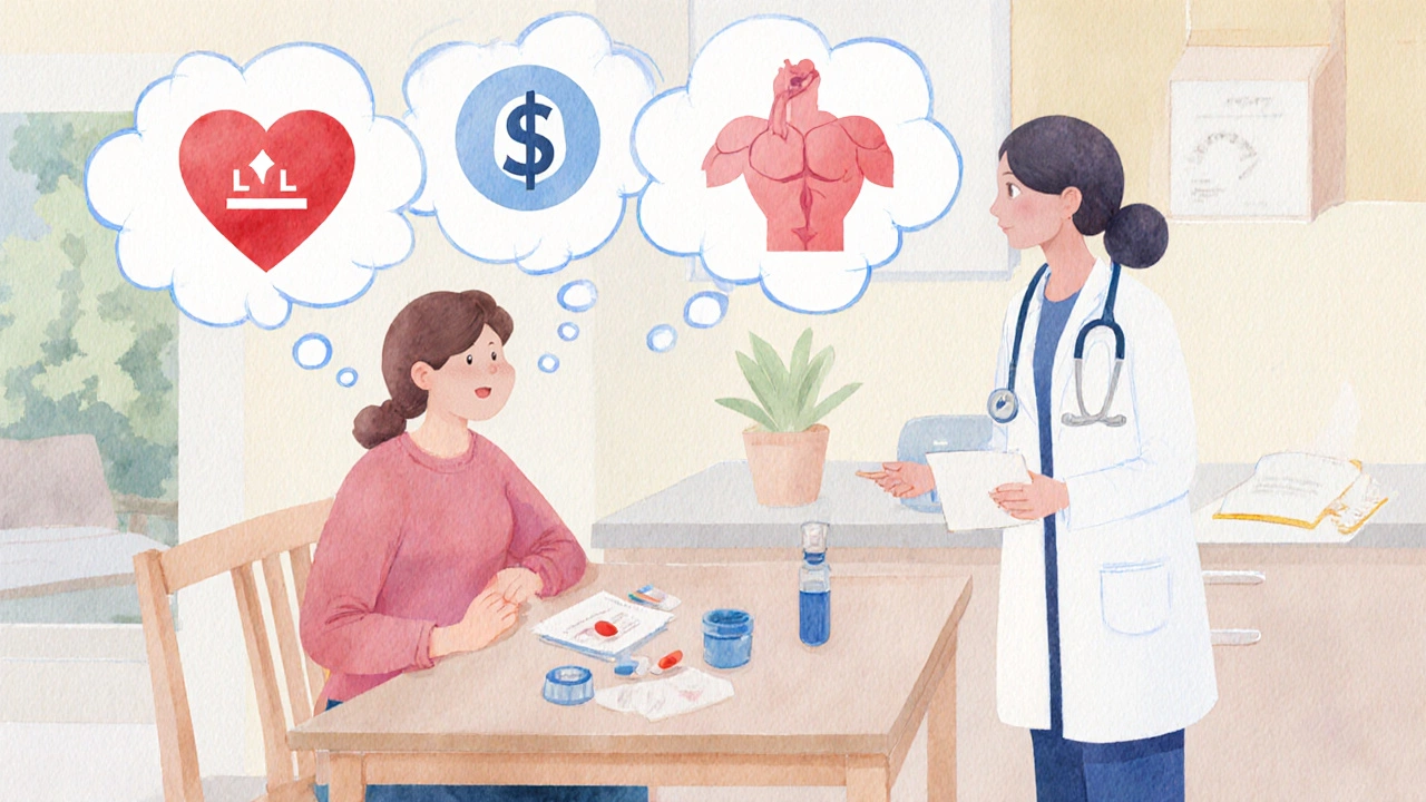 Patient and doctor with thought bubbles showing heart, dollar sign, muscle, and medication icons.