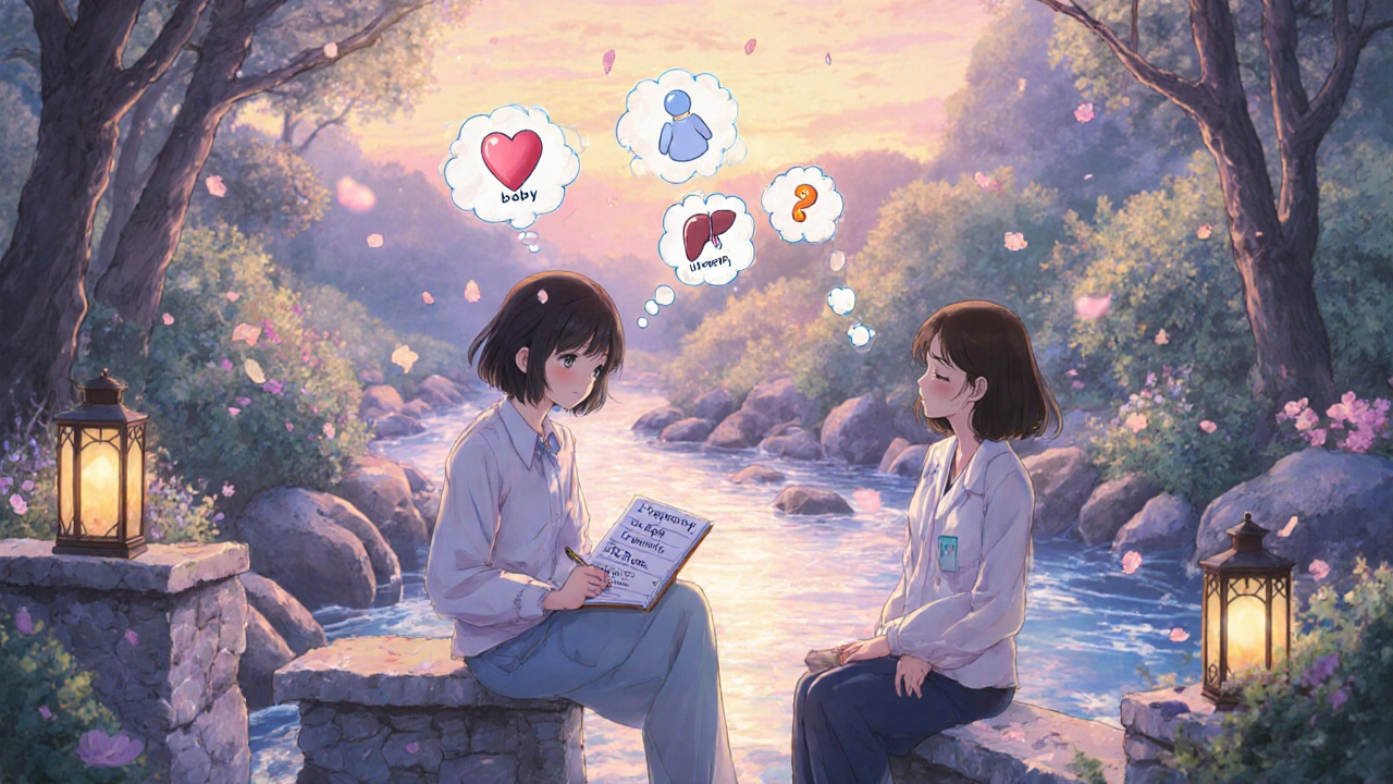 Patient considers antibiotic factors in a serene garden with thought bubbles and pharmacist.