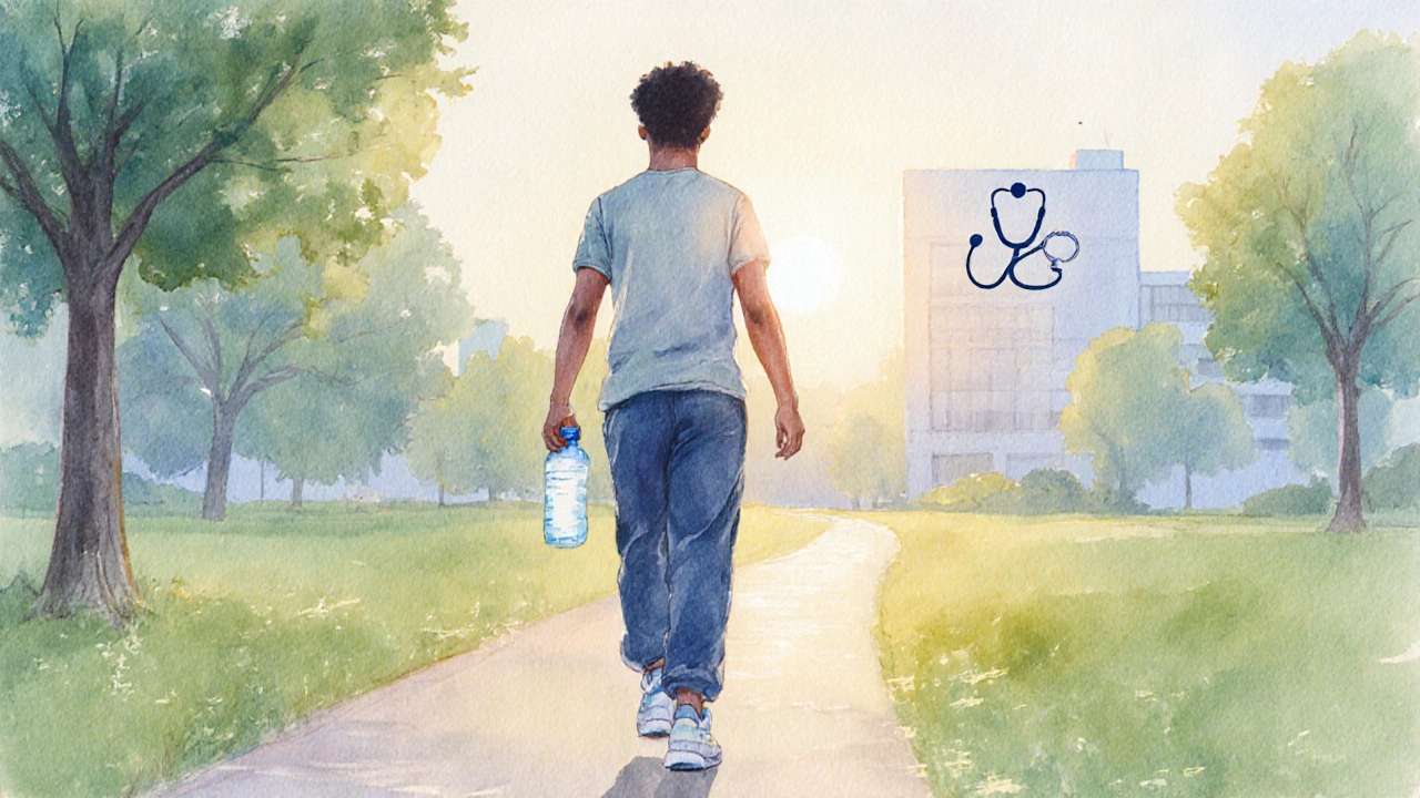 Patient walking in park with water bottle, symbolizing prevention and medical support.
