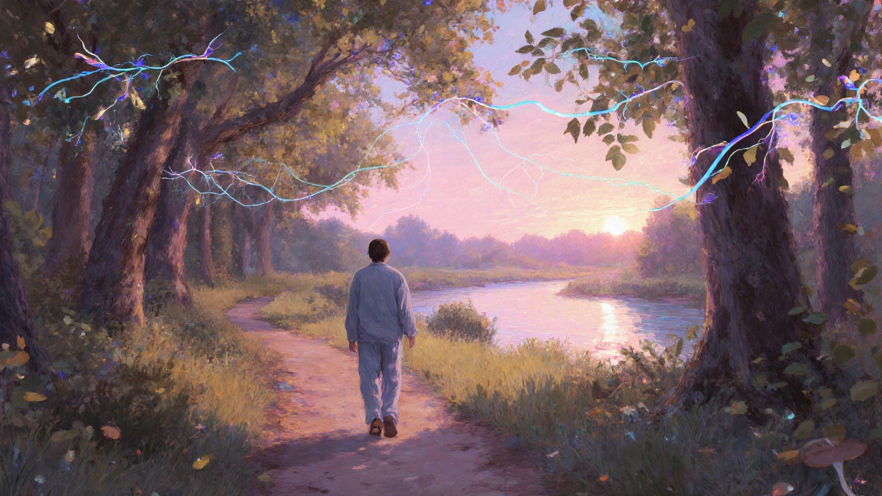 Patient walking on sunrise forest trail, pastel colors, with subtle glowing neural pathways.