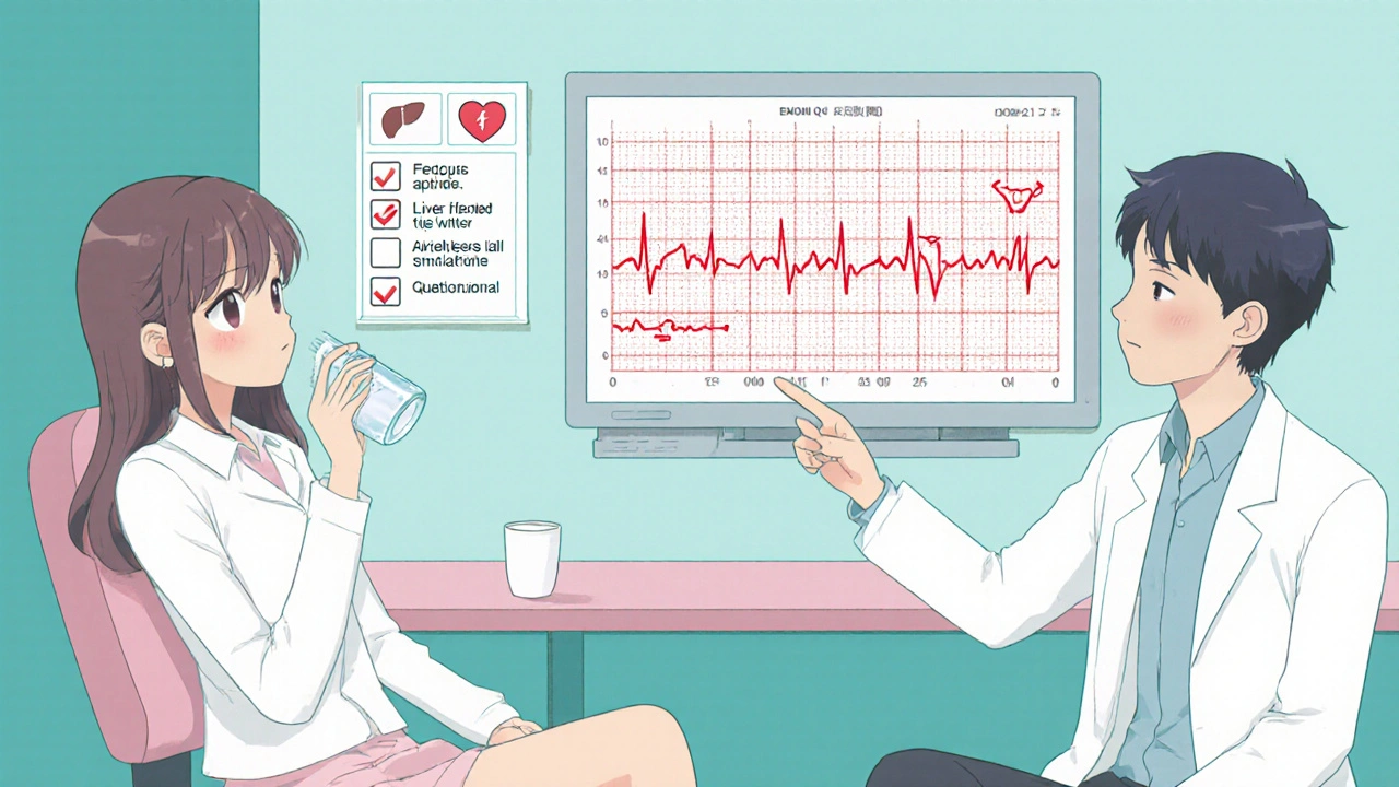 Patient with doctor reviewing ECG and liver test checklist.