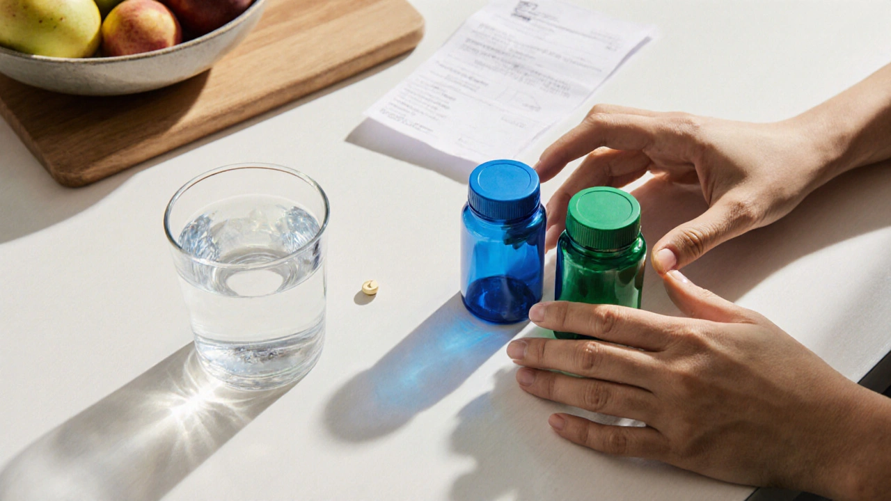 Person considering two pill bottles on kitchen table with glass of water