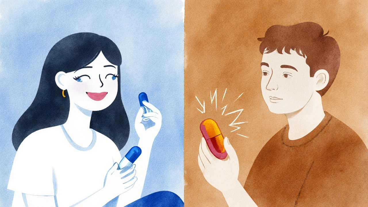 Split‑screen illustration of a woman feeling better and a man experiencing side effects.