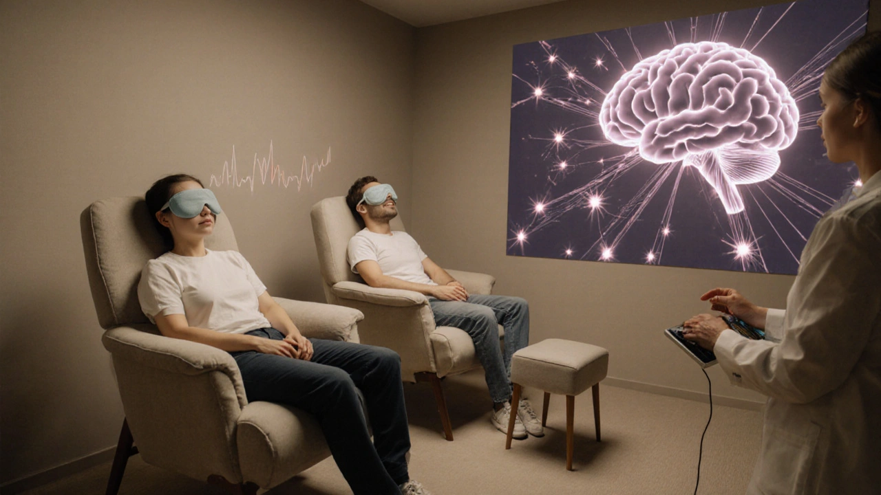 Therapy room with two reclined participants, therapist nearby, and translucent serotonin receptor overlay.