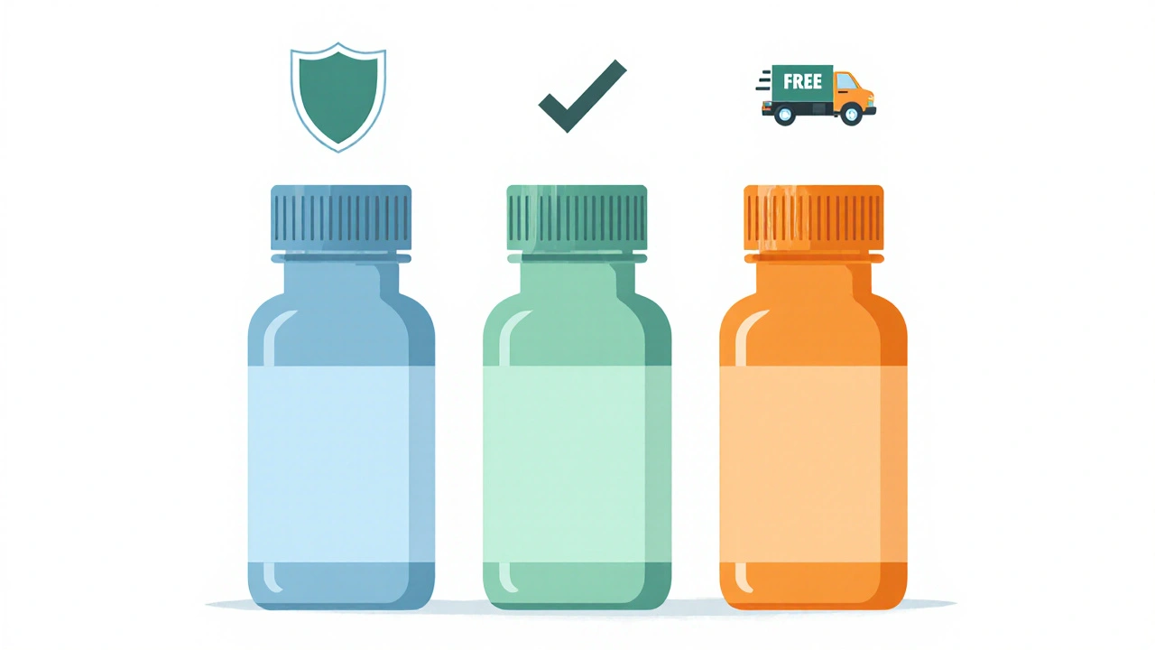 Three generic acetaminophen bottles displayed with safety and shipping icons.