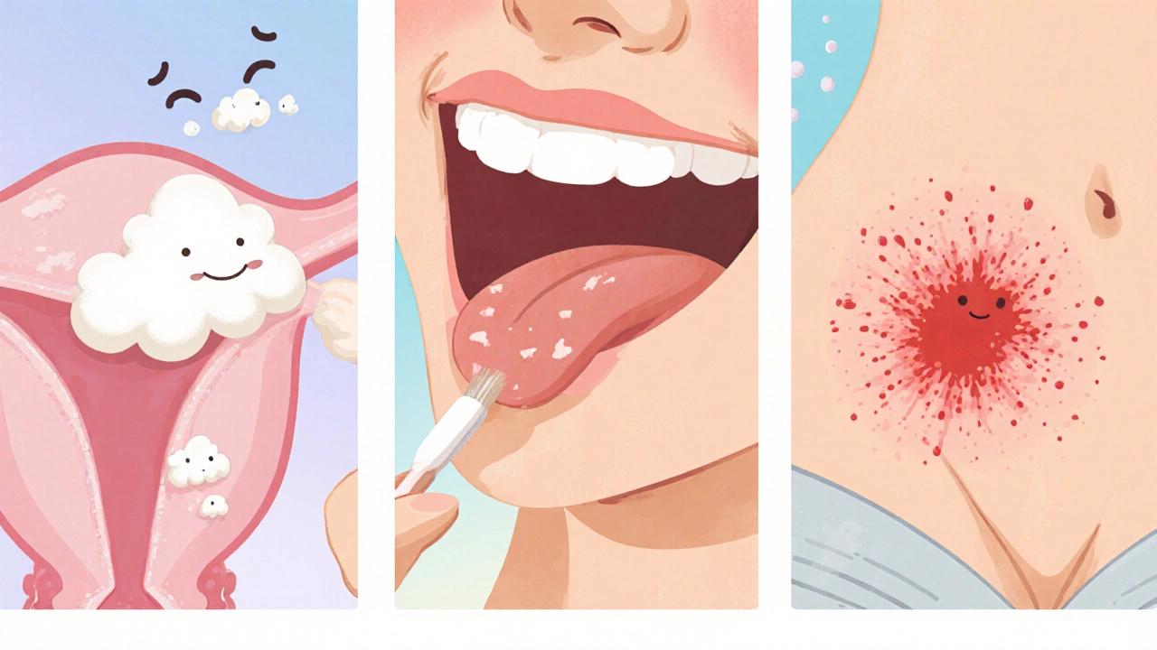 Three panels showing yeast infection signs: vaginal itching, oral thrush, skin rash.