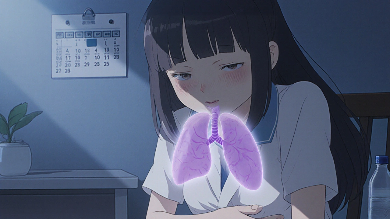 Woman clutching her stomach, breathing deep, with fruity breath swirl indicating DKA symptoms.