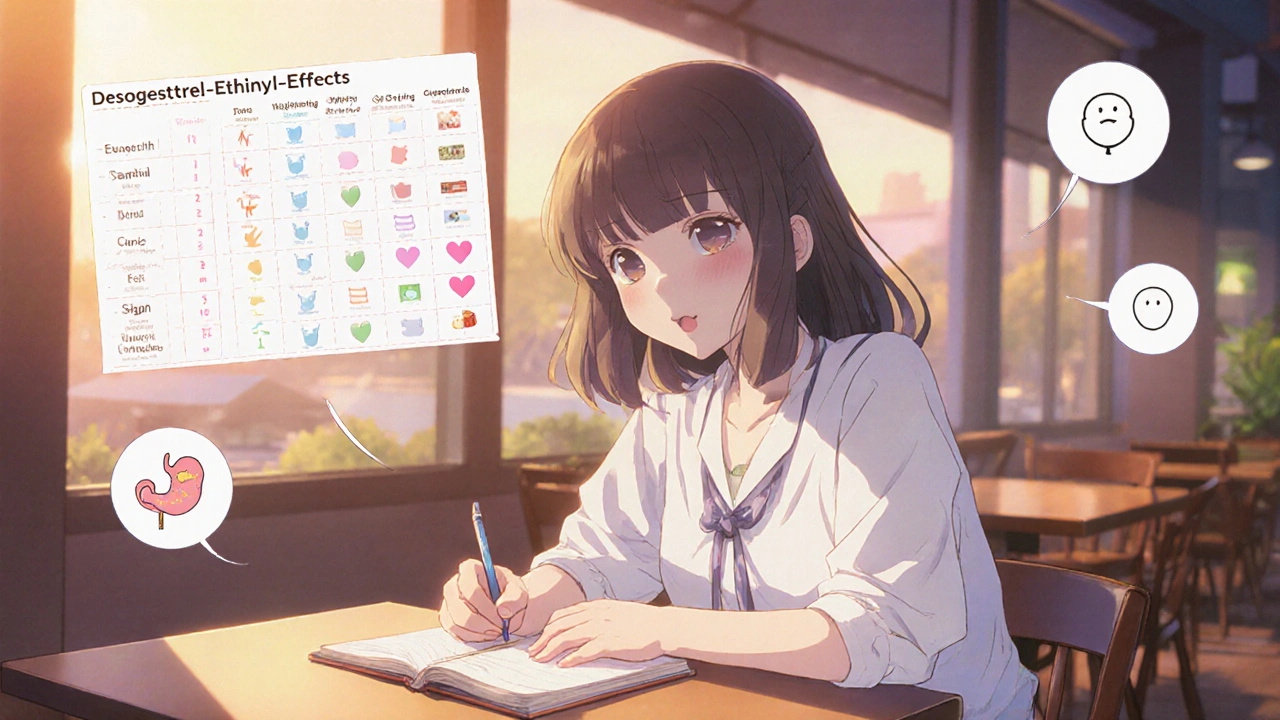 Woman writing in a diary at a café, surrounded by subtle side‑effect icons.