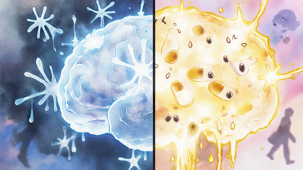 A brain transitioning from dull and sluggish to bright and vibrant with neurotransmitter activity.