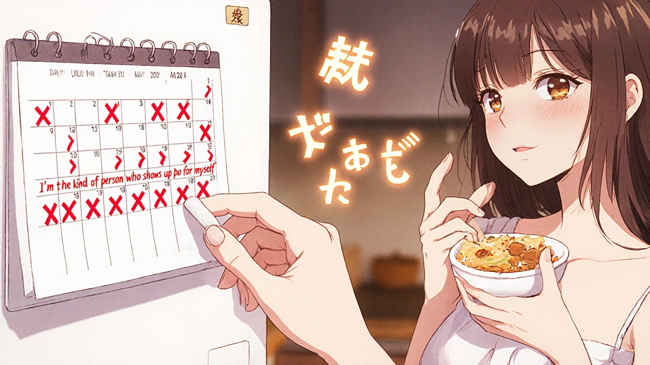 A calendar with a streak of X’s shows medication adherence, with a woman affirming her identity.