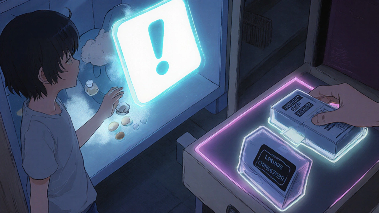 A child reaches for a bathroom cabinet while pills degrade into mist, but a safer storage box appears on a shelf.