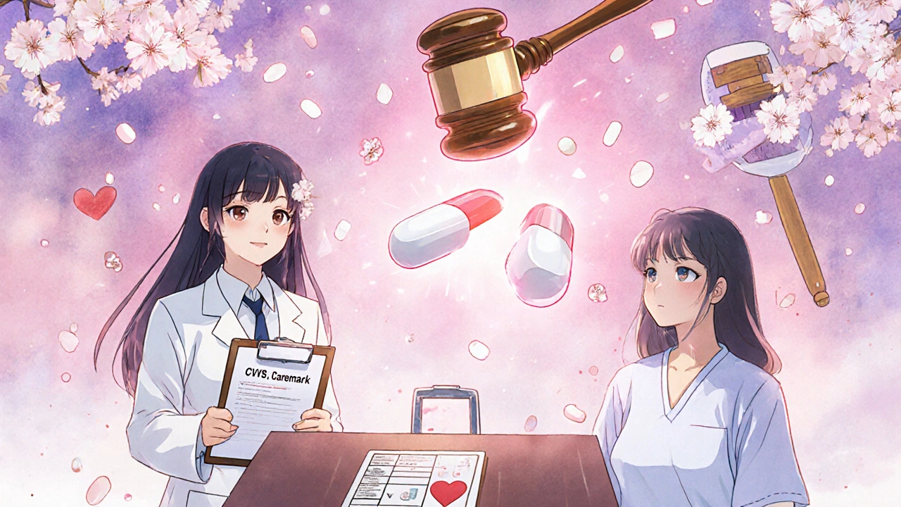 A courtroom scene with a splitting combination pill, pharmacist, and patient under a hovering gavel, cherry blossoms falling around them.