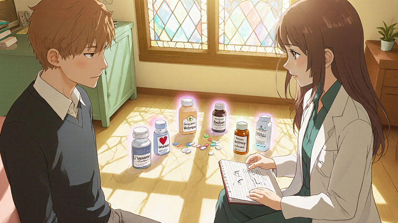 A doctor and patient in a sunlit clinic surrounded by five pill bottles, each with unique symbolic auras.