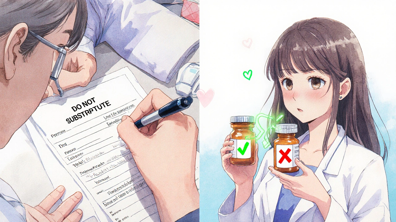A doctor writes &#039;Do Not Substitute&#039; while a patient compares generic and brand-name pills with symbolic checkmarks.