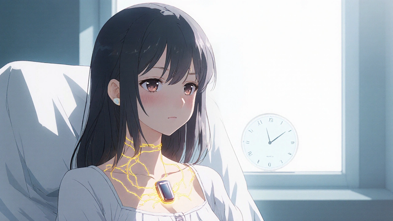 A girl with a pacemaker, calm in a sunlit room as golden threads restore her heartbeat.