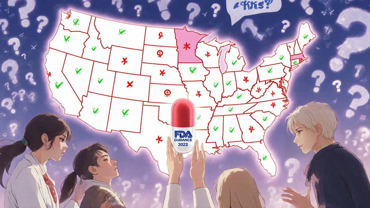 A glowing medical chart above a U.S. map showing state-by-state substitution rules, patients reaching toward a unified pill.