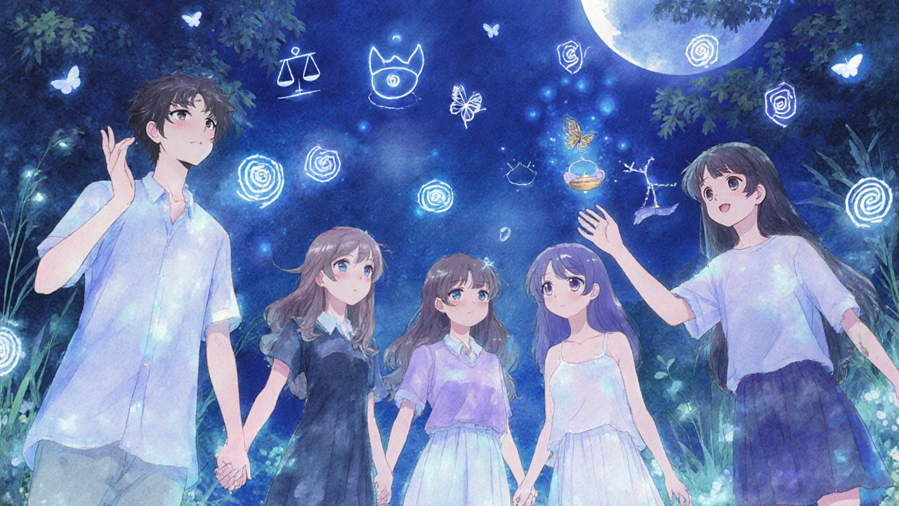 A group of people holding hands in a moonlit garden, symbols of healing rising around them.