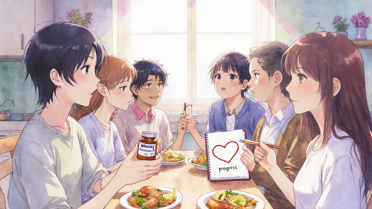 A group of people share a healthy meal in a sunlit kitchen, symbolizing community and long-term weight loss progress.