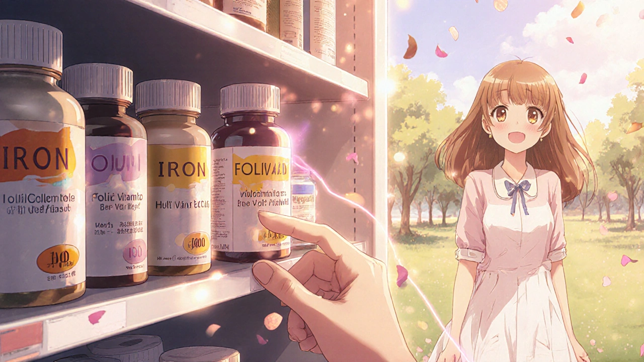 A hand choosing an iron and folic acid supplement beside dull multivitamins on a shelf.