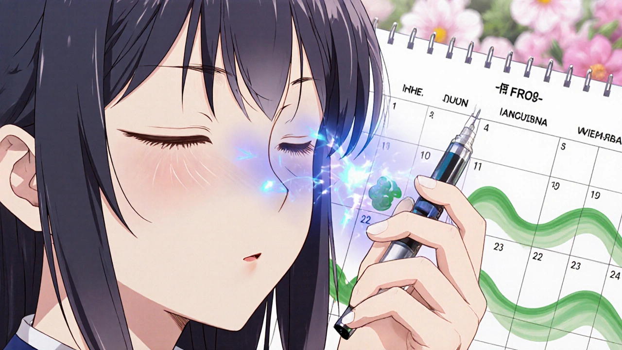 A hand holds a GLP-1 injection pen as blue and lavender light transforms nausea symbols into blooming flowers.