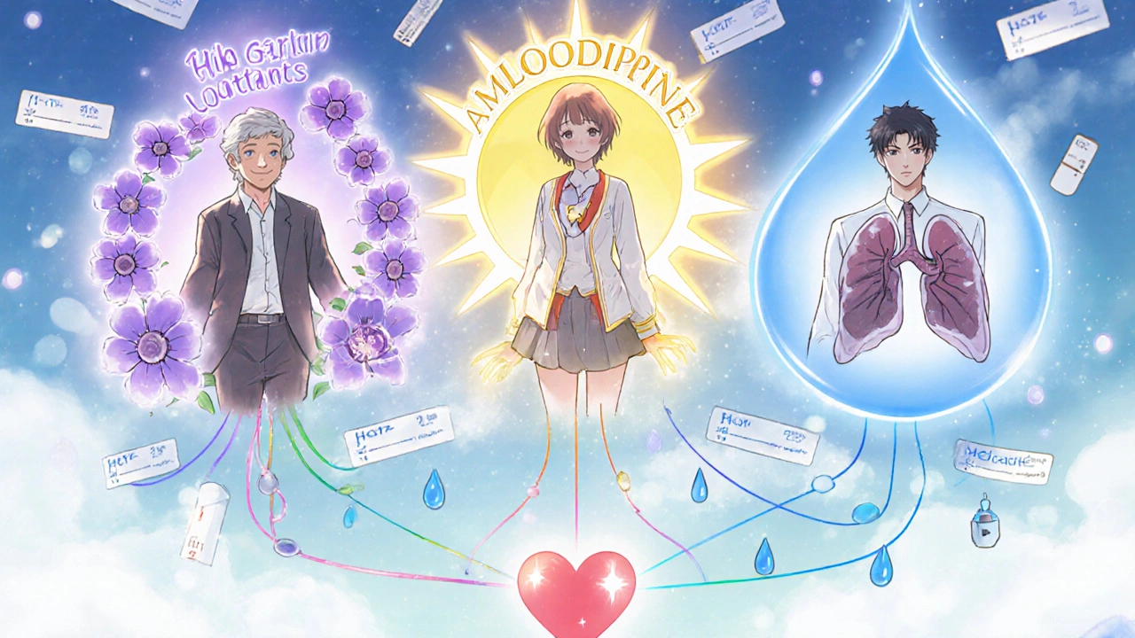 A magical decision tree with glowing paths representing blood pressure medication alternatives, connected to symbolic characters.